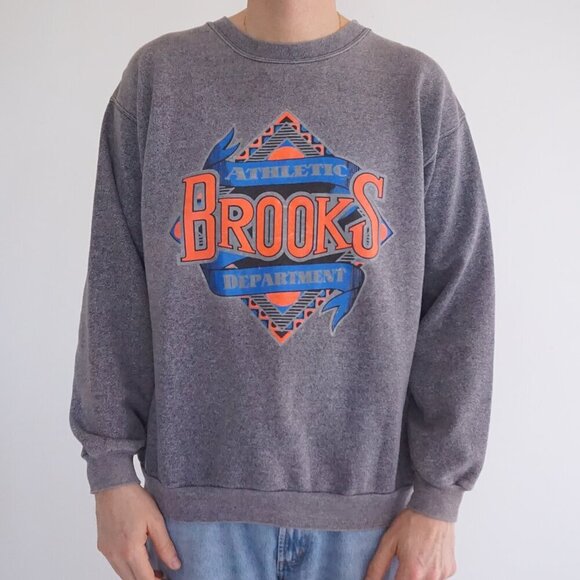 Vintage '90S Brooks International Gray Orange Spellout Cotton Crewneck Sweater L - Picture 1 of 11
